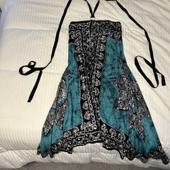 Halter Neck Black Turquoise Open Back Flowy Lightweight Kerchief Dress One Size