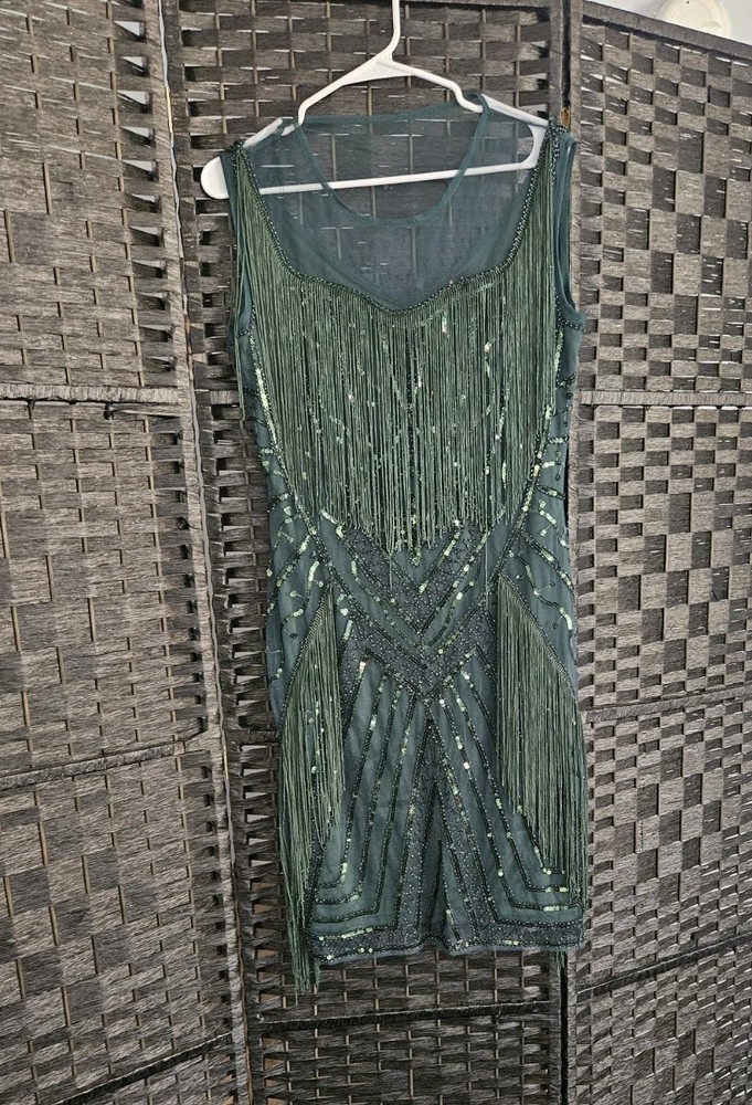 BabeYond Women’s Green Beaded Fringe V-Neck Sleeveless Sheath Knee Dress XL