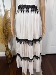 INA WHITE AND BLACK TIERED MAXI DRESS WITH LACE AND FRINGES SIZE SMALL – NWT