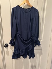 Weepinlee Navy Blue Long Sleeve Ruffle Faux-Wrap Mini Dress – Size M