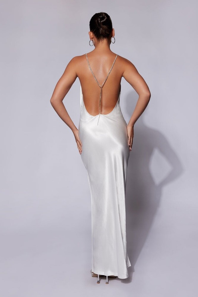 Meshki Sera Diamante Maxi Dress Low Back White Bling Strap Bridal Prom Hoco Sexy