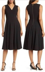 NWT CALVIN KLEIN Sleeveless Black V-Neck Seamed Fit & Flare Midi Dress Size 16
