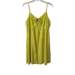 Nine West Babydoll Mini Dress Smocked Chartreuse Crinkle Keyhole Bow Neck XXL