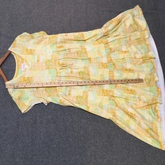 Stan Herman Tiered Lounge Dress Womens Large Yellow Green Cotton V-Neck Colorful