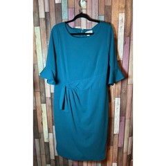 Teal Sheath Dress Ruffled Bell Sleeves Gathered Waist Detail Women’s Size 16 NWT