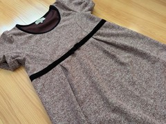 Burgundy Red Melange Tweed Soft Puff Sleeve Velvet Bow Empire Waist Short Dress