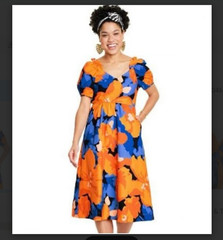 Tabitha Brown Orange & Blue Floral Puff Sleeve Dress Women&rsquo;s Size 10