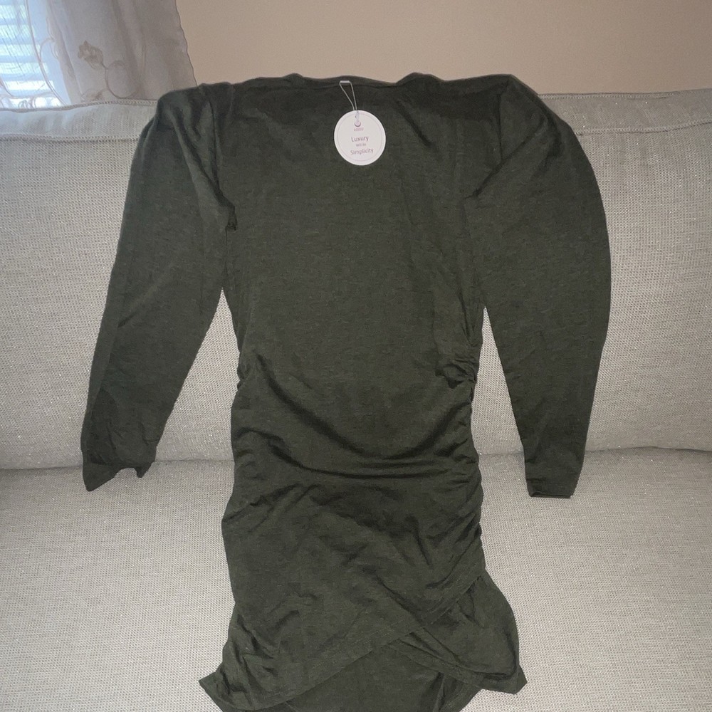 Fitted Green Solid Knit Ruched Bodycon Short Dress Long Sleeve Size L Stretch