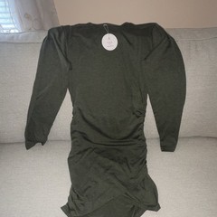Fitted Green Solid Knit Ruched Bodycon Short Dress Long Sleeve Size L Stretch