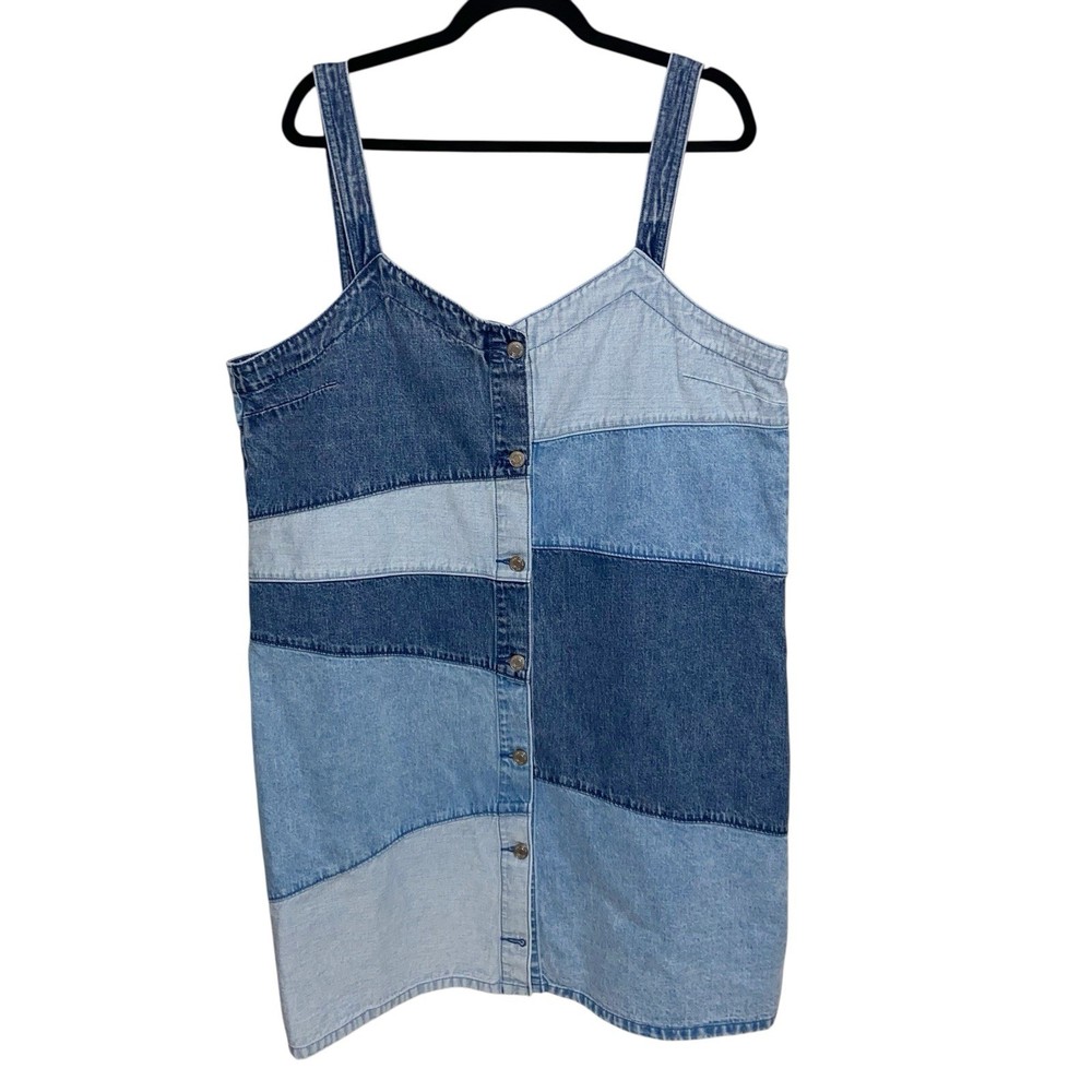 GAP Dress XL Pieced Patchwork Denim Pinafore Blue Jean Button Retro Festival