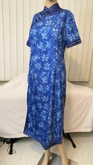 Ladies Spring Blue Satin Floral Prints Long Chinese Style Qipao Dress L