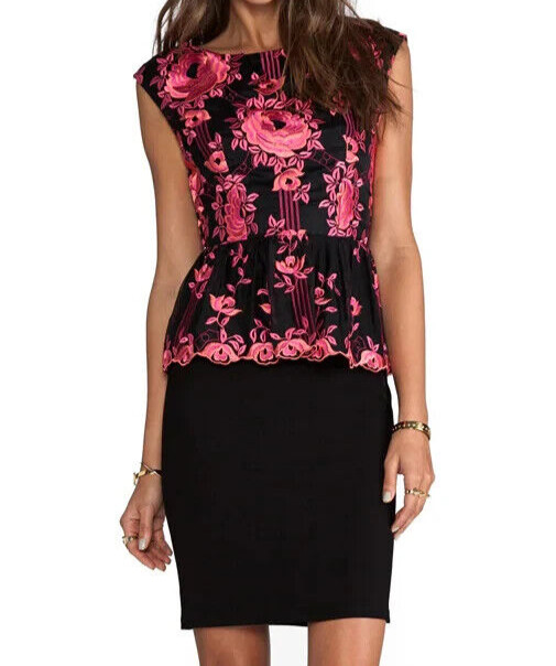 Alice + Olivia Shovan Pink Embroidered Lace-Print Peplum Dress Size 8 NWT