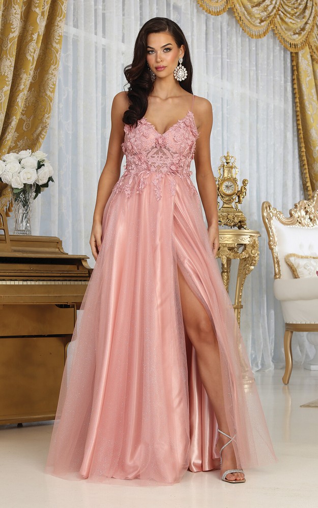 May Queen MQ2011 Sleeveless V-Neck Floral Appliqued Sheer Bodice Gown
