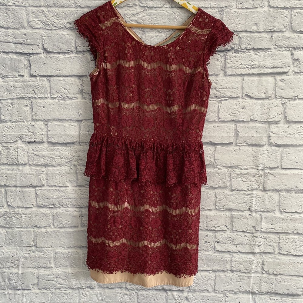 Maeve Anthropologie Burgundy Red Elsa Peplum Lace Dress Size Medium