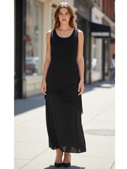 Ladies Black 3 Tier Triple Layer Chiffon Georgette Ties On Back Pencil Dress
