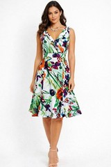 Per Una Green White Red Multi Floral Fit & Flare Sleeveless Midi Dress Size 16 L