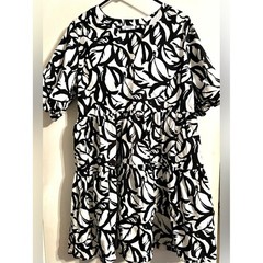 Chico&rsquo;s Black & White Modern Monochrome Leaf-Print Tiered Babydoll Dress-Size 12