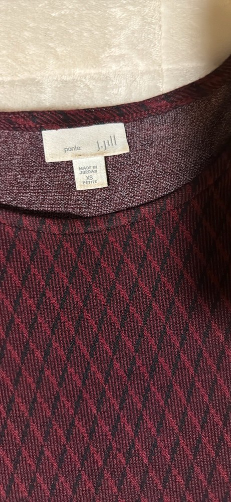 J. Jill Ponte Houndstooth Round Neck 3/4 Sleeve Dress XS Petite Burgundy