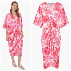 JustFab Hot Coral Pink Floral Ruched Kaftan Dress Cover Up Size XL Loose Fit