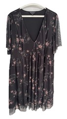Torrid Nightfall Size 3 Deep V Neck Black Tiered Dress Mesh Floral Cats Romantic