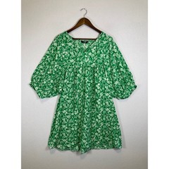 Cottagecore Dokotoo Women Large Green White Floral Puff Sleeve V-Neck Mini Dress