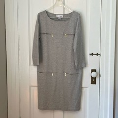 Joan Vass gray soft knit midi shift dress 3/4 sleeves zipper detail size 10-12
