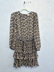 Boden Dress Size 12 Boho Floral Plisse Mini Dress Pleated Flare Lined Blue Green