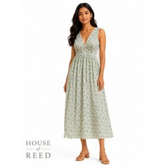 Vestique Tomorrows Dream Dress Green Floral Plisse Midi V-Neck Cross Back Size M