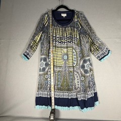 MSSP Max Studio Boho Shift Dress Size M Blue Green Geometric Print Pleated Trim