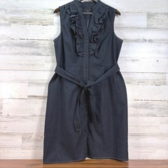 Sandra Darren Womens Dark Wash Denim Ruffle Button Front Tie Waist Dress Size 16