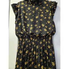 Saks Fifth Avenue Floral Polka Dot Smocked Midi Dress Black Yellow Romantic 14