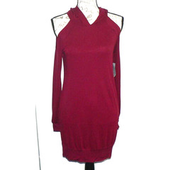 Kenedik Women&rsquo;s Cold Shoulder Fleece Hooded Sweatshirt Dress Burgundy Small