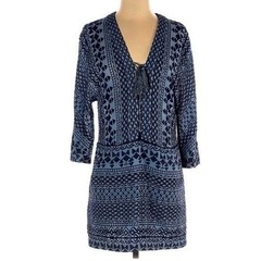 BCBGMaxAzria Blue Embroidered Boho Tunic Dress Cover-Up XS Pockets Festival