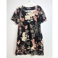 Nicole Miller Linen Blend Floral Dress Black Pink V-Neck Layered Hem Large