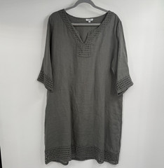 Rosemarine Linen Shift Dress Women XL Gray Lace Trim V-Neck Lagenlook 3/4 Sleeve