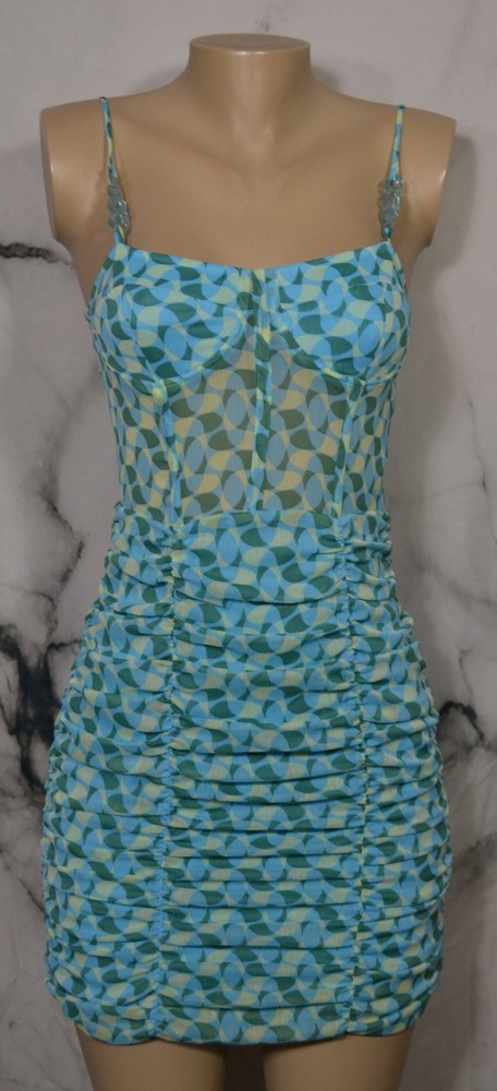 ZARA Blue Green Cream Patterned Strappy Dress Small Ruched Lined Skirt Lined Cup