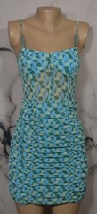 ZARA Blue Green Cream Patterned Strappy Dress Small Ruched Lined Skirt Lined Cup