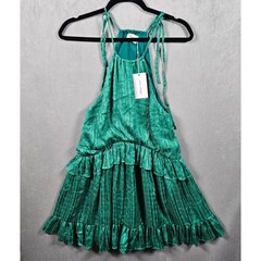 NEW Lovers + Friends Mini Dress Womens Medium Green Metallic Ruffle Halter Lined