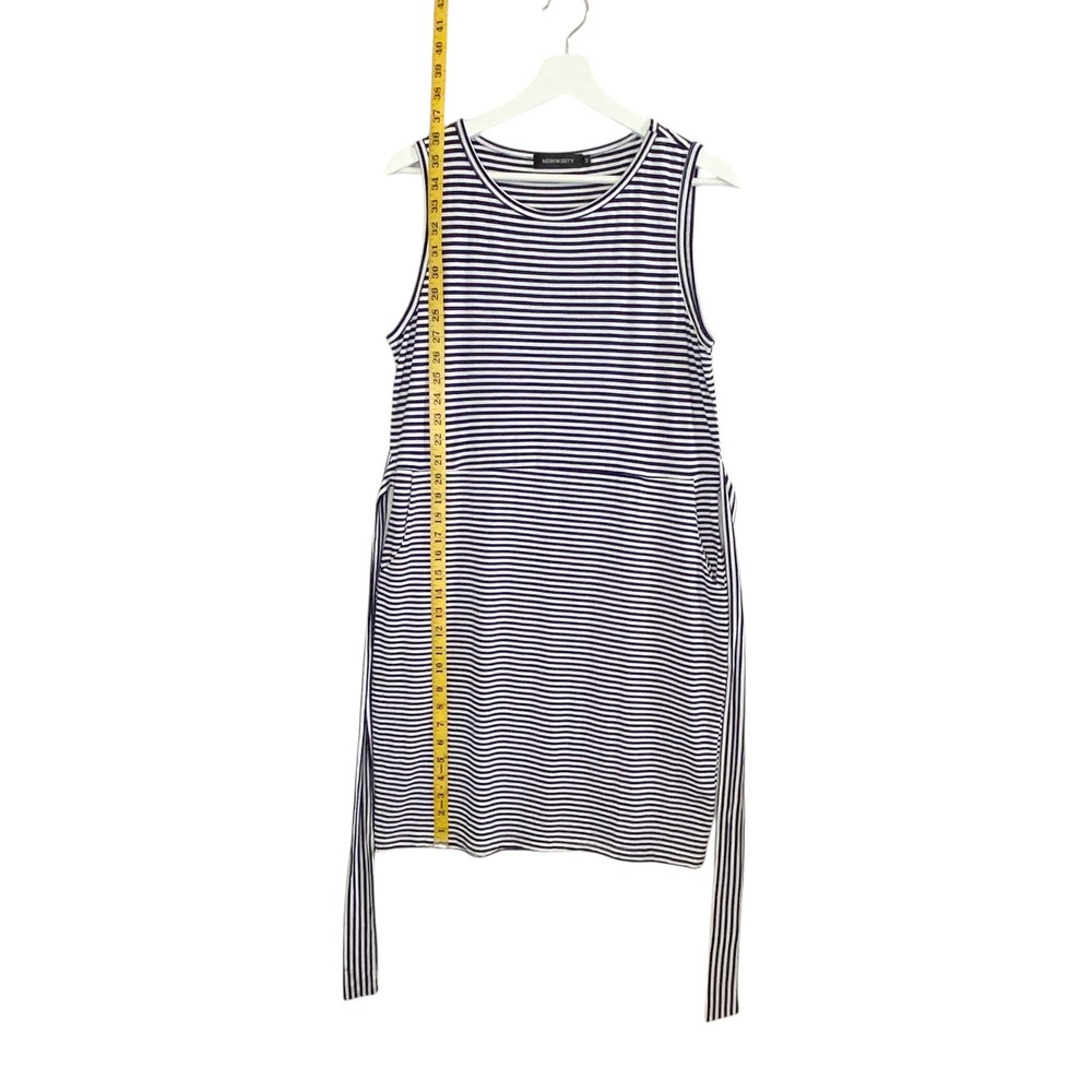 MEROKEETY Tee Shirt Dress Womens Medium Striped Pockets Tie Waist Blue&white