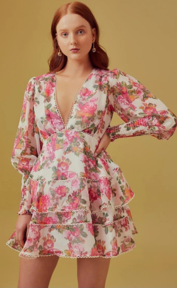 Keepsake The Label Women Oblivion Long Sleeve Tiered Floral Mini Dress Sz M EUC