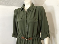 Indigo Rose Womens 1X Dress Olive Green Button Front Elastic 3/4 Sleeve Roll Tab