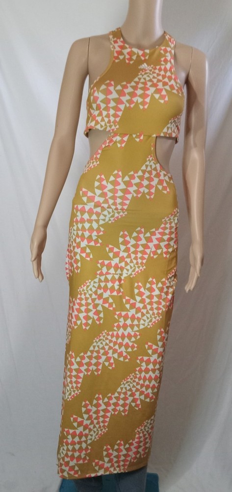 Adidas X Farm Rio Psychedelic Wave Maxi Farm Dress Victory Gold Sz Large