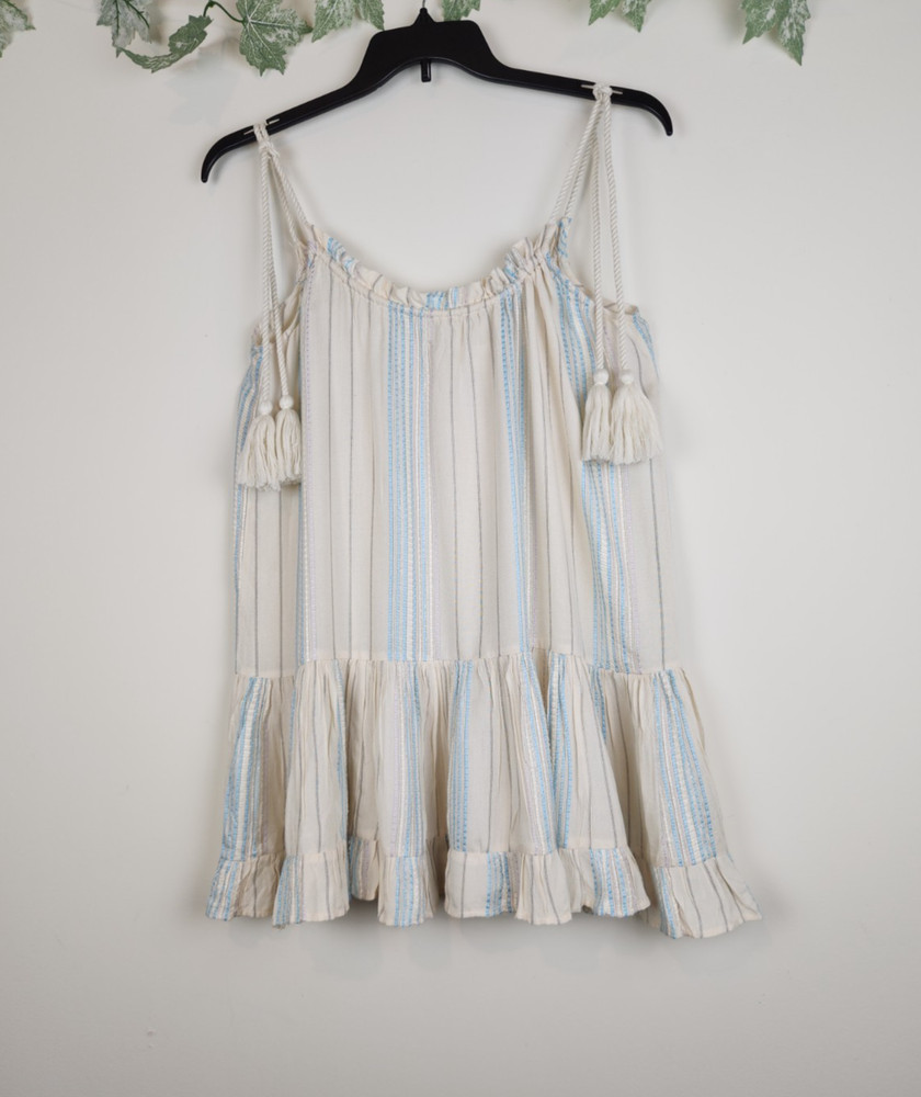 Elan Size M Tiered Ruffled Tie Straps Tassels Sundress Boho Flowy Mini Dress