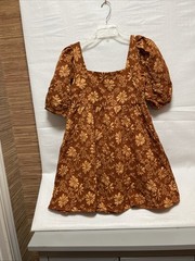 Medium Rusty Orange Empire Waist Babydoll Mini Dress Brocade Fabric