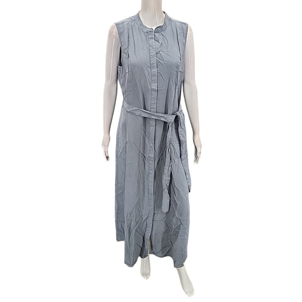 Side Stitch Sleeveless Lyocell Maxi Dress with Belt Medium Size Smoke Blue Gray