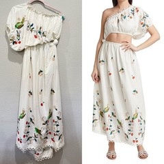 FARM Rio Embroidered One Shoulder Maxi Dress Cutout Floral White S Cottagecore