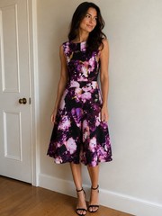 Karen Millen Floral Fit & Flare Dress UK 8 EU36 Purple Pink Occasion Midi