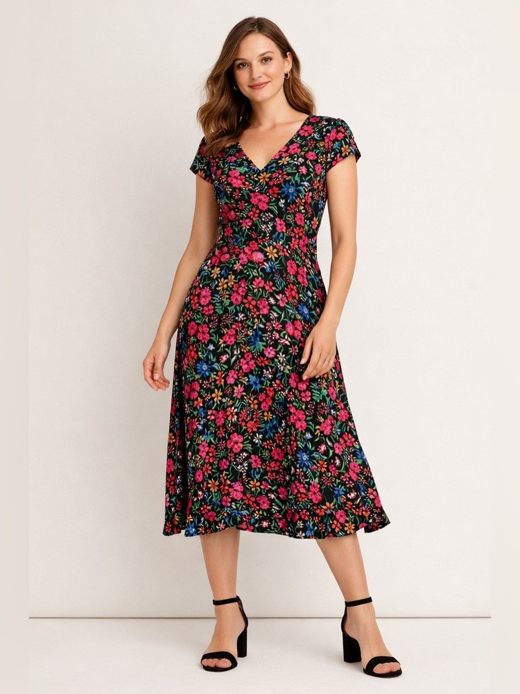 GAP Floral Midi Dress Size S Black Multicolor Garden Print Spring Summer Outfit