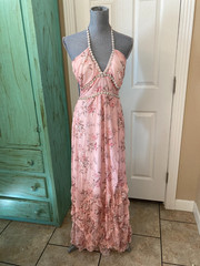 FLORAL, WOMENS, BEADED, SPAGHETTI STRAP, RUFFLED, LINED, LONG EVENING DRESS, XS