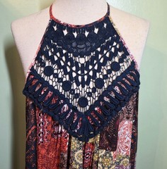 Boho Patchwork Print Halter Maxi Dress M Crochet Neck Retro Festival Beach NWT